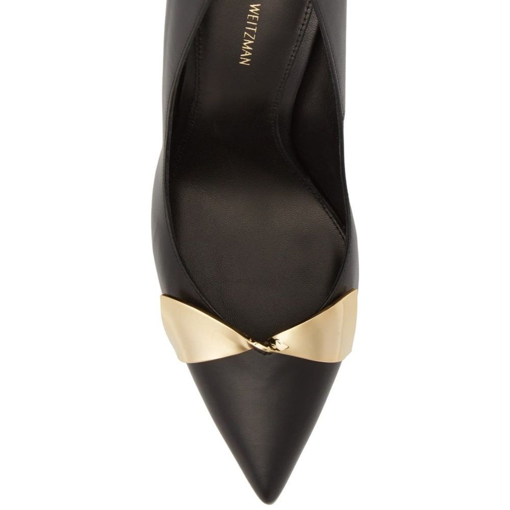 Stuart Weitzman Stanton 90 Black Leather pump With Gold Bow Detail - Picture 4 of 13